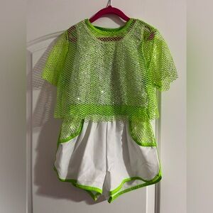 Weissman Neon Green Glitter Mesh Top and White Shorts Set